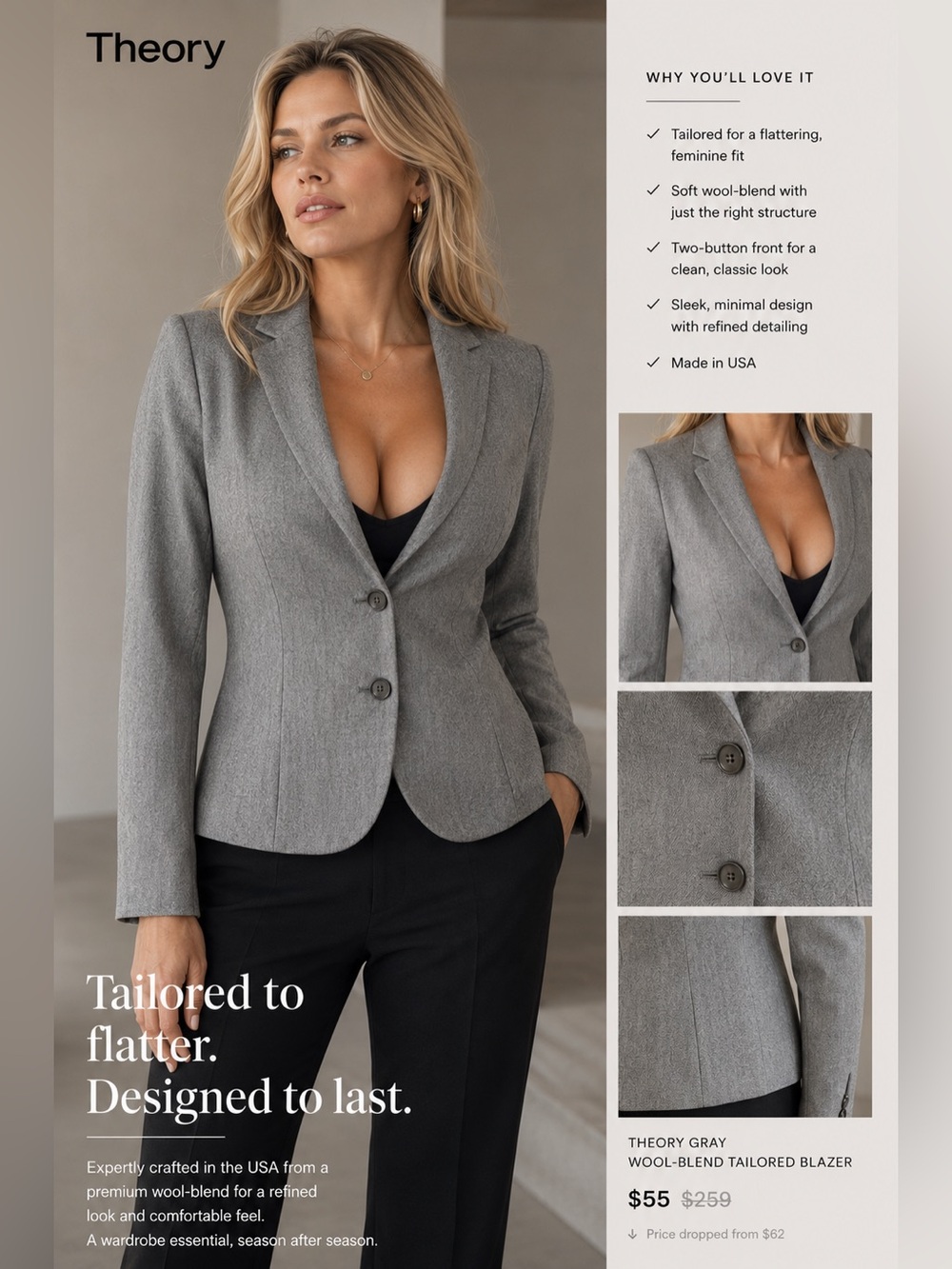Theory Gray Wool-Blend Tailored Blazer – Made in USA – Size 8
